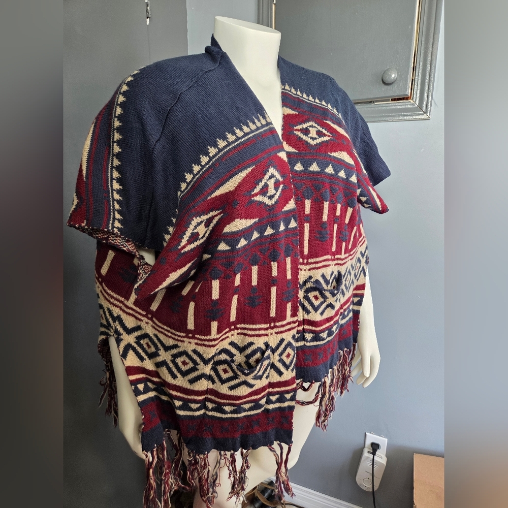 Navy and Red Patterned Poncho